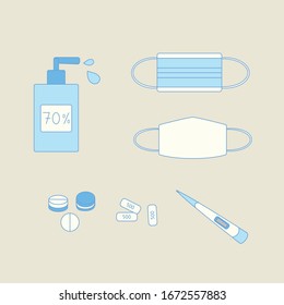 Corona anti-virus device. 
Doctor mask and covid-19 protection or pollution protect face masking, Alcohol gel 70%, medicine and thermometer. Vector illustration