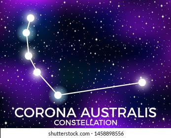 Corona Australis constellation. Starry night sky. Zodiac sign. Cluster of stars and galaxies. Deep space. Vector illustration