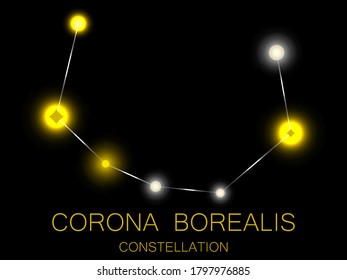 Corona Borealis constellation. Bright yellow stars in the night sky. A cluster of stars in deep space, the universe. Vector illustration