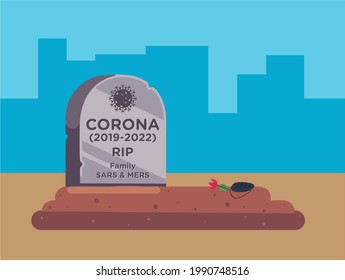 Corona enterró el vector de la tumba con cementerio, máscara, flor y horizonte en segundo plano