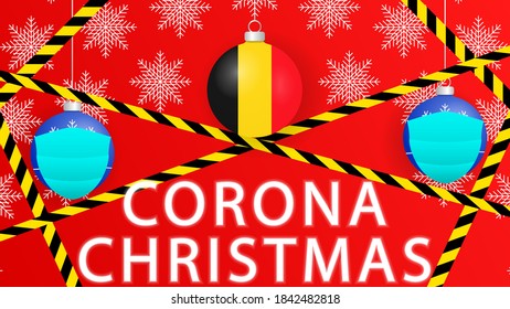 Corona Christmas in Belgium.Illustration with snowflakes and Christmas balls with face masks.