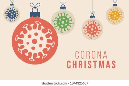 Corona Christmas concept. Flat cartoon xmas balls with Coronavirus icon concept merry and safe design card Contagious diseases of the characters when exposed to a virus vector illustration