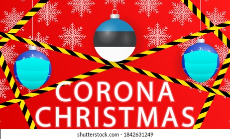 Corona Christmas in Estonia.Illustration with snowflakes and Christmas balls with face masks.
