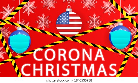Corona Christmas in USA .Illustration with snowflakes and Christmas balls with face masks.