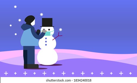 corona christmas winter 2020 with a person and a snowman wearing a face mask against covid 19 on a blue purple background vector illustration template for website templates and more