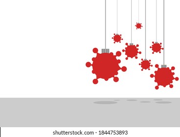 Corona concept illustration: Red Christmas baubles in the form of corona viruses hanging from above on holidays with text space for print and web template