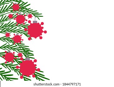 Corona concept illustration: Red Christmas baubles in the form of corona viruses hanging from a tree on holidays with text space for print and web template