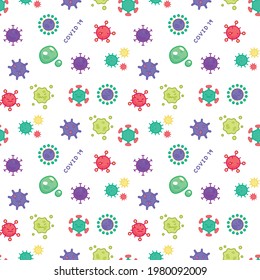 corona covid virus cute flat doodle icon pattern background seamless