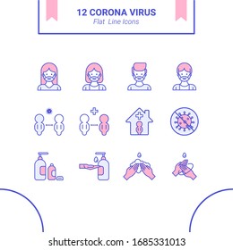 Corona covid19 virus icons flat line design vector. Hand washing flat line icon design vector. Stay home and keeping social distance. Colorful flat line icon