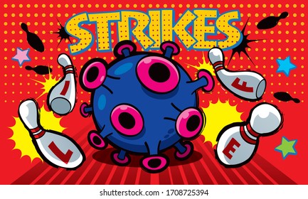 Corona Covid-19 virus impact our daily life, just like a bowling strikes all pins. Presented in pop art style.