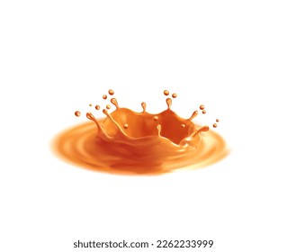 Corona crown caramel sauce splash. Vector liquid candy splashing with flying droplets. Realistic brown melt toffee syrup stream, 3d dynamic molten dessert drip for advertising promotion