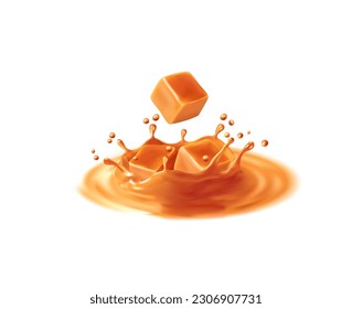 Salsa de caramelo de corona salpicada con toffee. Postre de caramelo, cubitos toffee caen en crema o salsa 3d corona vectorial de goteo. Jarabe dulce rizo realista o manchas fondo de movimiento congelado