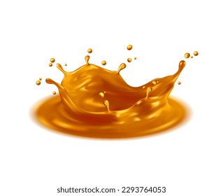 Corona crown golden splash, gold oil with liquid drops, realistic vector background. Golden splash with corona crown, isolated yellow caramel syrup or toffee flow wave, 3D glossy gold paint splatter