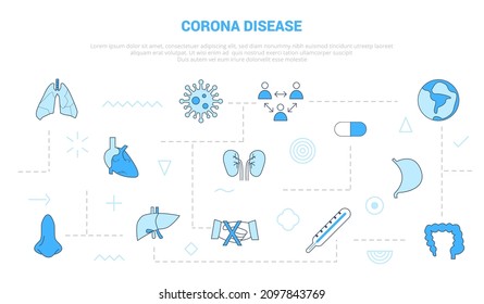 el concepto de enfermedad de corona con un cartel de plantilla de conjunto de iconos con un estilo de color azul moderno