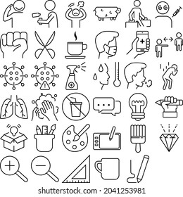corona disease virus and office icon set, line style and editable stroke