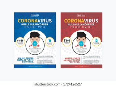 Corona flyer, corona illustration art, Blue and red background corona info graphic, corona virus test, man with face mask.