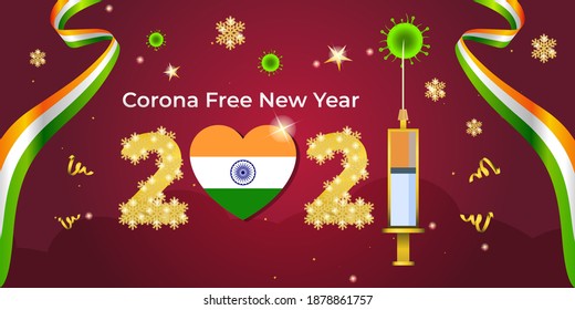 Corona Free Happy New Year 2021. Concept of Covid-19 vaccine in new year. Happy new year India after pandemic. Vector illustration.