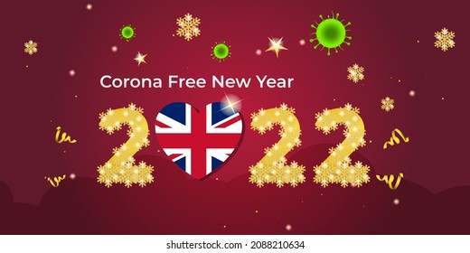 Corona Free Happy New Year 2022. Concept of Covid-19 vaccine in new year. Happy new year Britain after epidemic. Vector illustration.