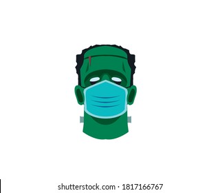 Corona Halloween Frankenstein Monster Vector Illustration On A White Background. Frankenstein Monster Wearing A Face Mask. Covid 19 Virus Halloween Vector. For Halloween 2020 Surgical Face Mask