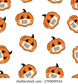 Corona Halloween Pumpkin Seamless Vector Pattern. Pumpkins wearing face masks. Covid 19 virus Halloween background. For Halloween 2020 decoration, fabric, invitation cards, greeting cards, face mask