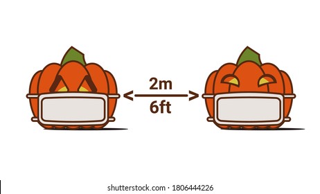 Corona Halloween Pumpkin Social Distancing Vector Illustration On A White Background. Pumpkin Wearing A Face Mask. Covid 19 Virus Halloween Vector. For Halloween 2020 Surgical Face Mask