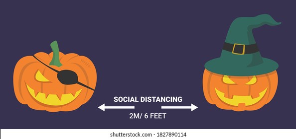 Corona Halloween Pumpkin Social Distancing Vector illustration on a white background. Pumpkin wearing a face mask. Covid 19 virus Halloween vector. For Halloween 2020 surgical face mask