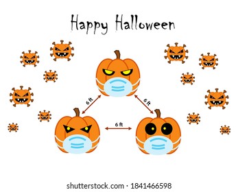 Corona Halloween Pumpkin Social Distancing. Pumpkin virus cells around and the moon in flat design. Halloween festival in Covid-19 Coronavirus outbreak concept vector illustration.