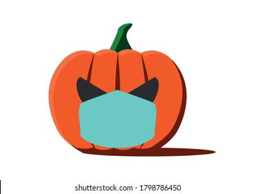 Corona Halloween Pumpkin Vector on a white background. Pumpkin wearing a face mask. Covid 19 virus Halloween vector. For Halloween 2020 surgical face mask
