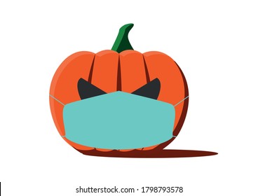 Corona Halloween Pumpkin Vector on a white background. Pumpkin wearing a face mask. Covid 19 virus Halloween vector. For Halloween 2020 surgical face mask