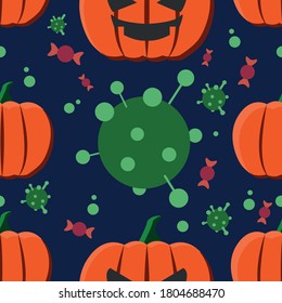 Corona Halloween Pumpkin Virus Vector on a blue background. Pumpkin seamless pattern. Covid 19 virus Halloween vector. For Halloween 2020