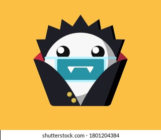 Corona Halloween Vampire Vector illustration on a yellow background. Vampire wearing a face mask. Covid 19 virus Halloween vector. For Halloween 2020 surgical face mask