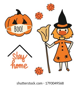 Corona Halloween Vector illustration icon set. Pumpkin, witch wearing face mask. Covid-19 virus clip art isolated. For Halloween 2020 decoration, invitations, greeting cards, face mask