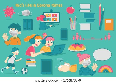 Corona home school kids set of vector graphics