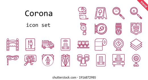 corona icon set. line icon style. corona related icons such as shield, zoom in, sign, delivery truck, seats, virus, layer, toilet, webcam, hotel, toilet paper, vector, suit, zoom out, entrance, foot