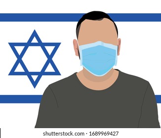 Corona in Israel, a faceless man wearing a mask, in the background of the Israeli flag.