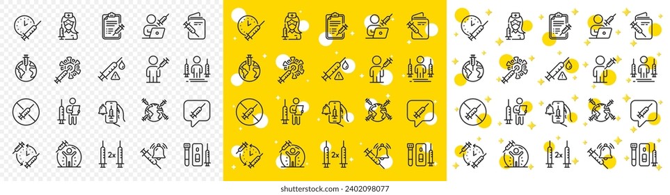 Corona jab, Medical Syringe, Vaccination passport icons. Vaccine line icons. Covid vaccine, Human jabbed and Coronavirus dose. Syringe needle, Corona injection, Vaccination notification. Vector