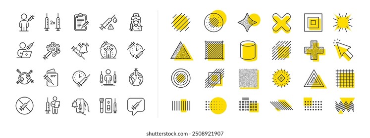 Corona jab, jeringa médica, iconos de pasaporte de vacunación. Diseñar Elementos de forma. Iconos de la línea de la vacuna. Vacuna contra la COVID-19, dosis humana inyectada y dosis de coronavirus. Vector