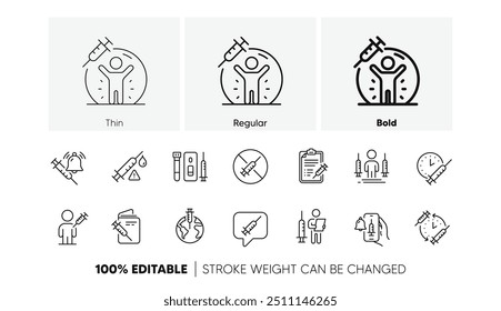 Corona jab, Seringa Médica, Ícones do passaporte de vacinação. Ícones da linha Vacina. Vacina contra a Covid, Jabbed humano e dose de coronavírus. Agulha de seringa, injeção de Corona, notificação de vacinação. Vetor