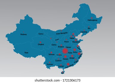 Corona Map in China .updated map for coronavirus or covid 19 in China .Confirmed cases in China .china map with random microbe cell symbols .  Vector illustration.
