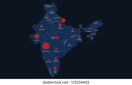 Mapa actualizado para coronavirus o covid 19 en India. Casos confirmados en el mapa indai.india con símbolos de células microbe aleatorias . Ilustración vectorial.