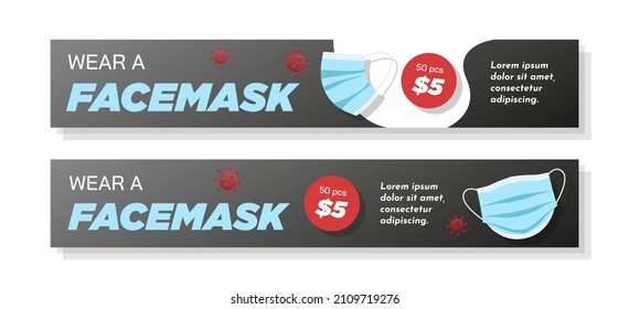 Corona mouth mask header set, face mask protection web banner concept, COVID-19 pandemic safety abstract horizontal marketing ad, promotional offer cover advertisement, isolated.