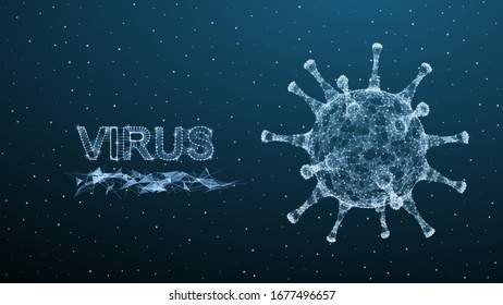 Corona novel virus epidemiology 3d polygonal text. Virus infections epidemic banner on blue background. Vector healthcare coronavirus cell illustration