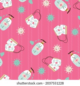 Corona Protection Mask and Hand Sanitizer Gel Vector Seamless Pattern
