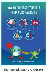 Corona Protection Tips (Virus Covid 19-NCP) with the globe fights the virus: Do not touch the face, stay home, avoid the infected, wash hands with water and soap, and cover the face when sneezing.