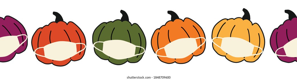 Corona Pumpkin Seamless Vector Border. Pumpkins Wearing Face Masks. Covid 19 Virus Thanksgiving Repeating Pattern. For Holiday 2020 Decoration, Footer, Invitation Cards, Greeting Cards,