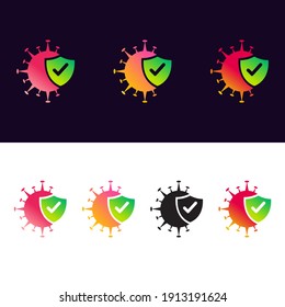 Corona shield logo and privacy concept. Antiviral antibacterial corona virus formula vector icons. Corona logo set