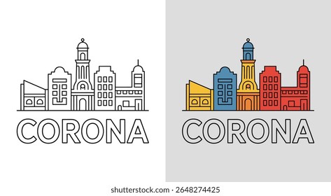 Vista do horizonte de Corona com a Prefeitura e edifícios industriais para a arte dinâmica da paisagem urbana.