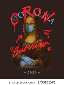 tipografía de corona y sobreviviente con pintura de la Mona Lisa, ilustración vectorial para camiseta.