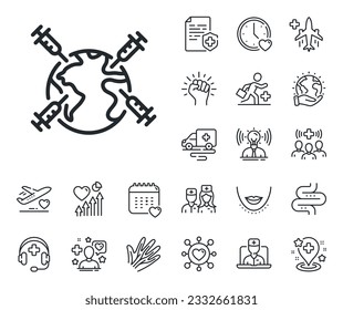 Corona syringe sign. Online doctor, patient and medicine outline icons. World vaccination line icon. Covid vaccine symbol. World vaccination line sign. Vector