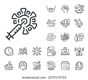 Corona syringe sign. Online doctor, patient and medicine outline icons. Coronavirus vaccine line icon. Covid jab symbol. Coronavirus vaccine line sign. Vector